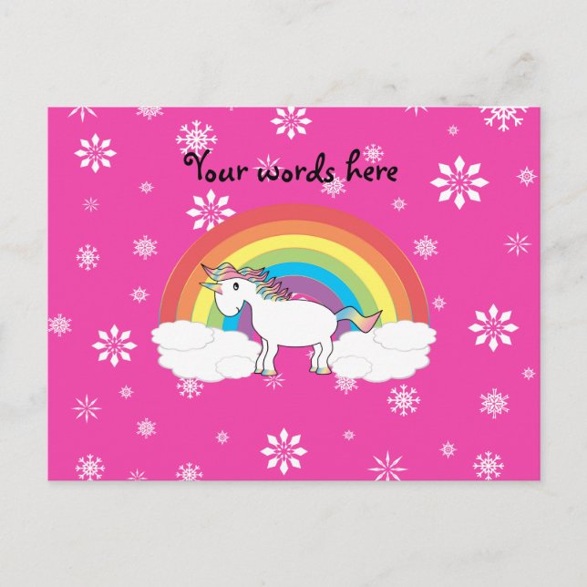 Carte Postale Unicorne sur nuages flocons de neige rose (Devant)