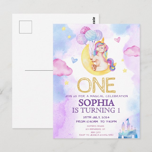 Carte Postale Unicornes magiques Purple Aquarelle fête d'anniver (Devant / Derrière)