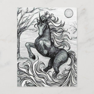 Carte Postale Unicornes noir licorne noir et blanc dessin