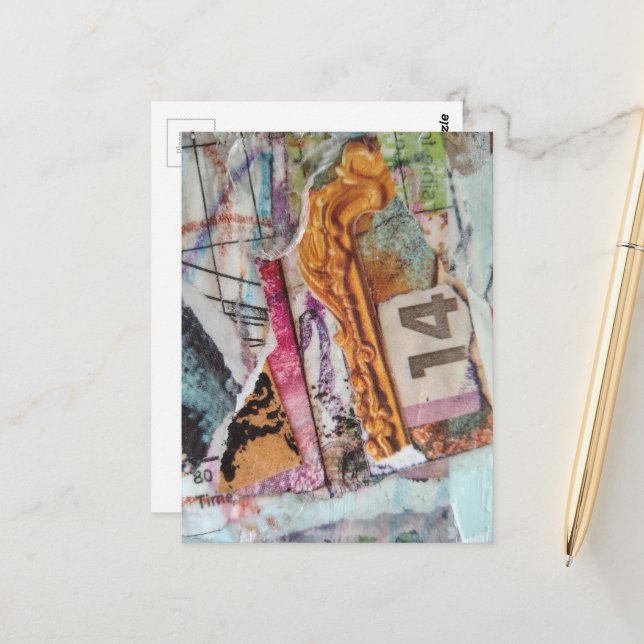 Carte Postale  unique abstract mixed media collage Time 14 (Devant/Arrière en situation)