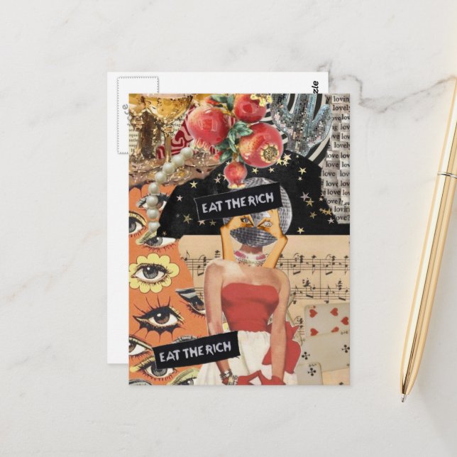Carte Postale Unique Eat the Rich Mixed Media Collage (Devant/Arrière en situation)
