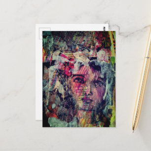 Carte Postale Unique et coloré visage vintage en techniques mixt