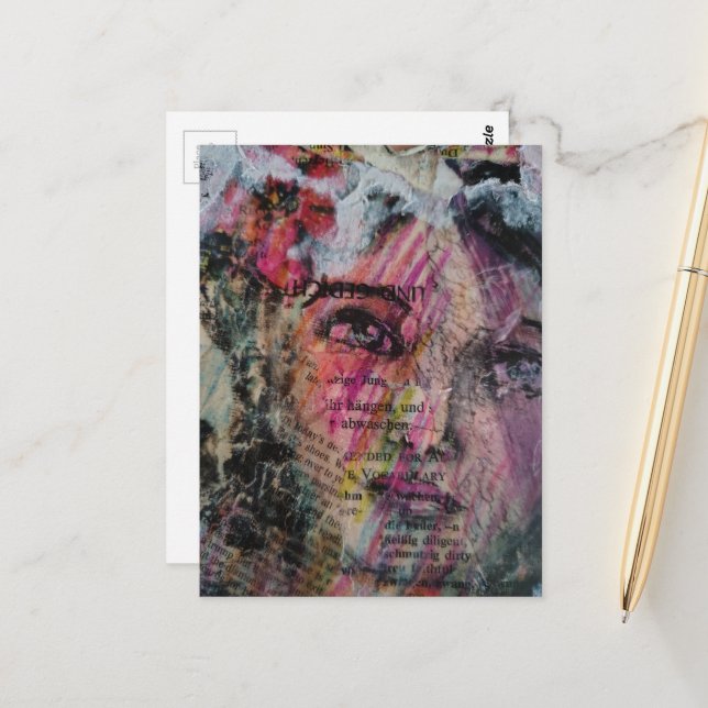 Carte Postale Unique face volcabulary mixed media collage (Devant/Arrière en situation)