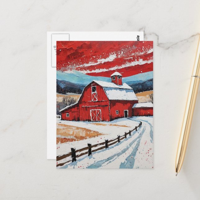 Carte Postale Unique Red Winter Barn Painting (Devant/Arrière en situation)