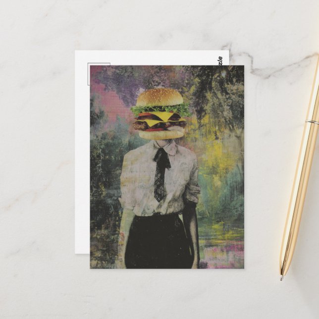 Carte Postale Unique Surreal Cheeseburger Femme Mixte Média (Devant/Arrière en situation)