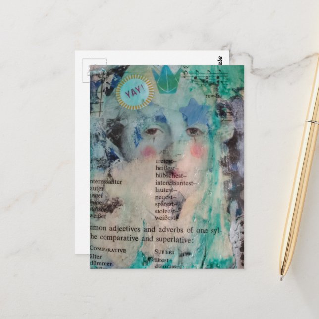 Carte Postale Unique YAY person mixed media Collage (Devant/Arrière en situation)