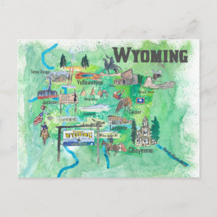 Carte Postale USA Wyoming Illustrated Travel Map