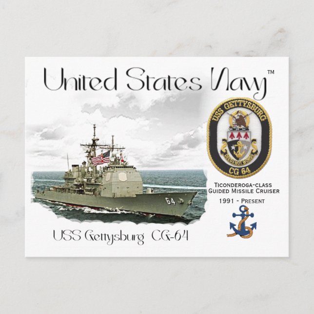 CARTE POSTALE USS GETTYSBURG CG-64 GUIDED MISSILE CRUISER (Devant)