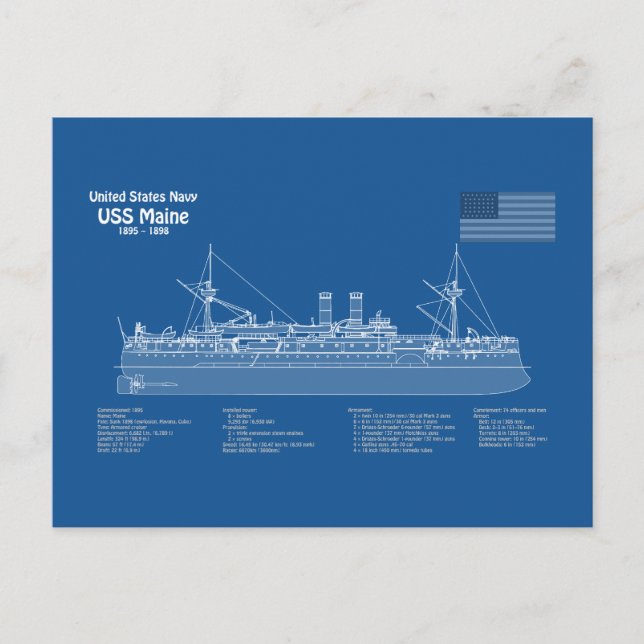 Carte Postale USS Maine - Plan de plan des navires ABD (Devant)
