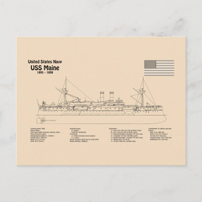 Carte Postale USS Maine - Plan directeur des navires SD (Devant)