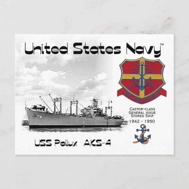 CARTE POSTALE USS POLLUX AKS-4 GENERAL ISSUE STORES SHORES (Devant)