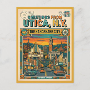Carte Postale Utica NY « La Ville de la Poignée de Main » Rétro 