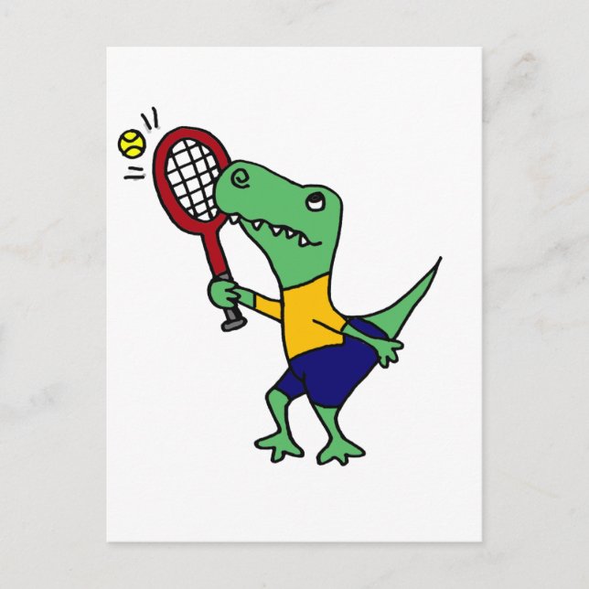 Carte Postale UV - Drôle T-Rex Dinosaure Jouer Dessin De Tennis (Devant)