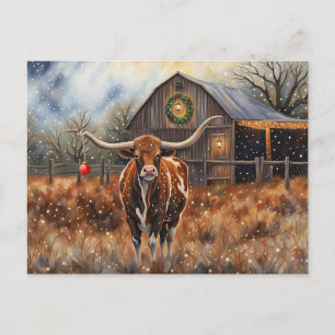 Carte Postale Vacances de Noël Longhorn Vache Mignonne Campagne