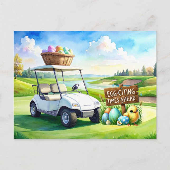 Carte Postale Vacances de Pâques de golf avec chariot de golf et (Devant)