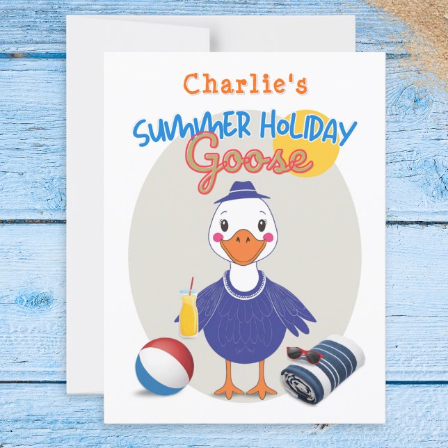 Carte Postale Vacances d'été Silence Goose Cute Cartoon Retro (A colorful postcard in retro style, featuring a 'Summer Holiday Goose' ready for its beach vacation)