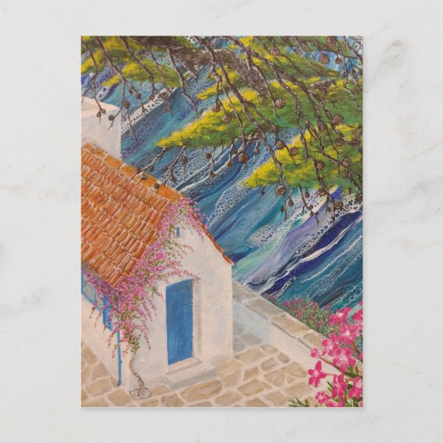 Carte Postale Vacances grecques bleu et rose (Devant)
