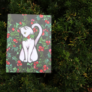 Carte Postale Vacances Noël Holly White Chat