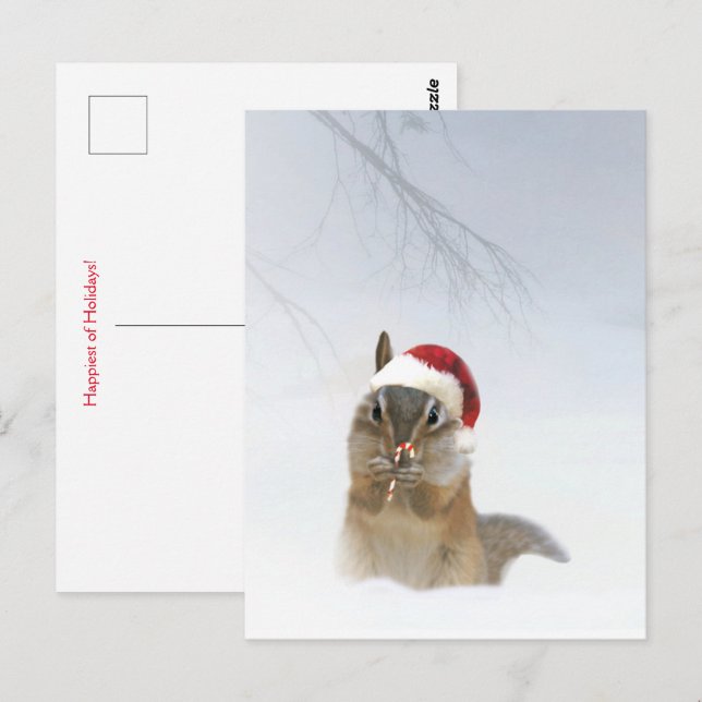 Carte Postale Vacances Noël mignonne Chipmunk dans la neige (Devant / Derrière)