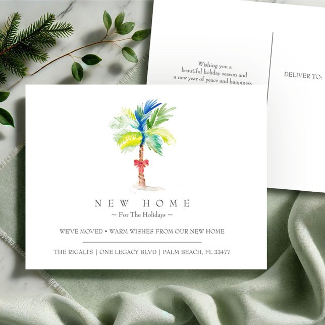 Carte Postale Vacances tropicales Nouvelle maison Faire-part mob (Tropical Christmas new address moving announcement watercolor palm tree art by Victoria Grigaliunas)