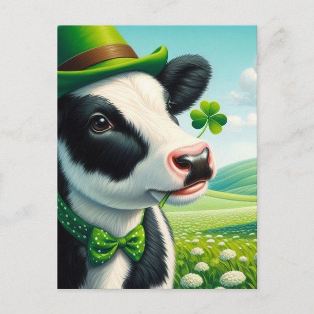 Carte Postale Vache adorable de la Saint-Patrick avec trèfle dan (Devant)