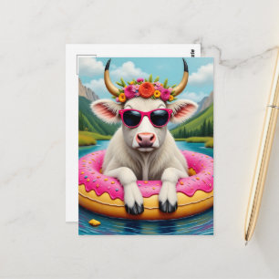 Carte Postale Vache adorable en voyage en radeau