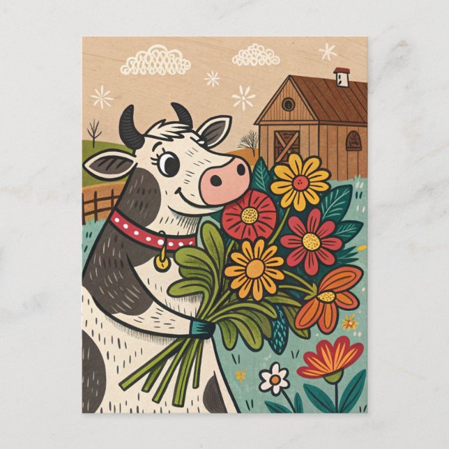 Carte Postale Vache avec des fleurs style d'art populaire mignon (Devant)
