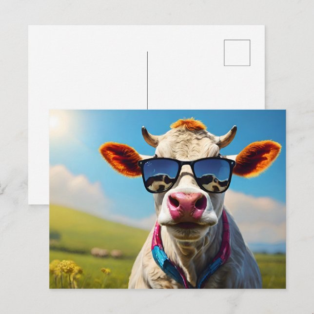 Carte Postale Vache avec lunettes de soleil (Devant / Derrière)