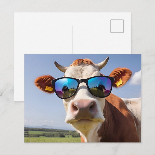 Carte Postale Vache avec lunettes de soleil (Devant / Derrière)