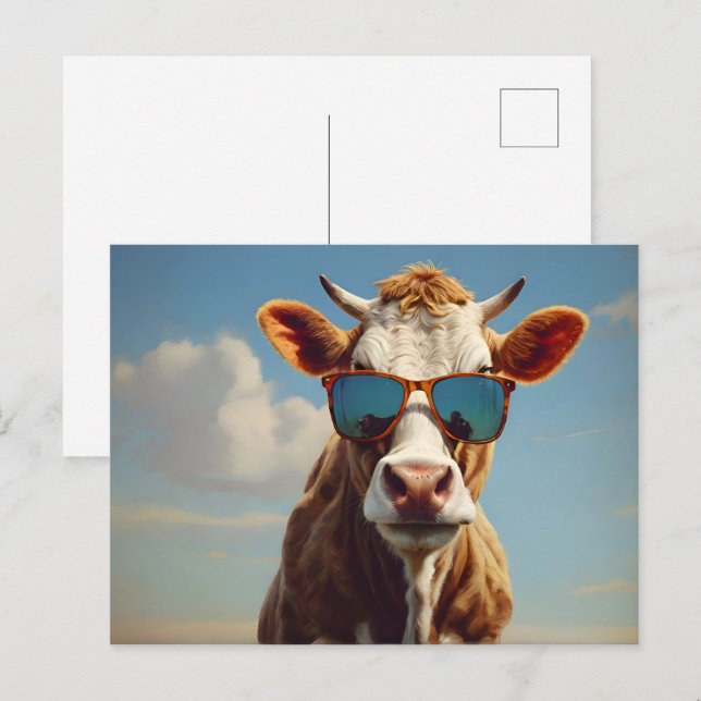 Carte Postale Vache avec lunettes de soleil (Devant / Derrière)