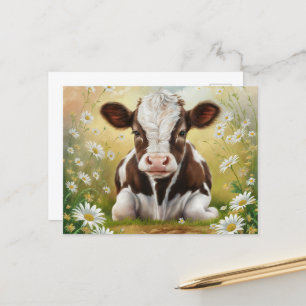 Carte Postale Vache Bébé mignonne dans un champ de marguerites
