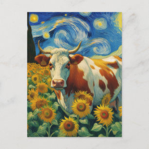 Carte Postale Vache blanche Brown dans le champ de tournesol de