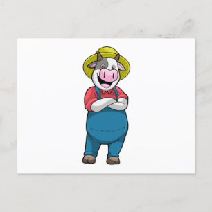 Carte Postale Vache comme agriculteur avec chapeau