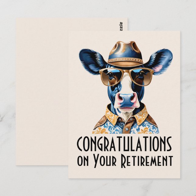 Carte Postale Vache Cowboy Drôle Félicitations pour la Retraite (Devant / Derrière)
