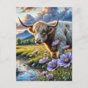 Carte Postale Vache croisée Highland/Longhorn dans un paysage fl