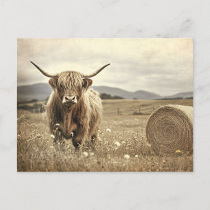 Carte Postale Vache de Highland dans un champ de foin Vintage