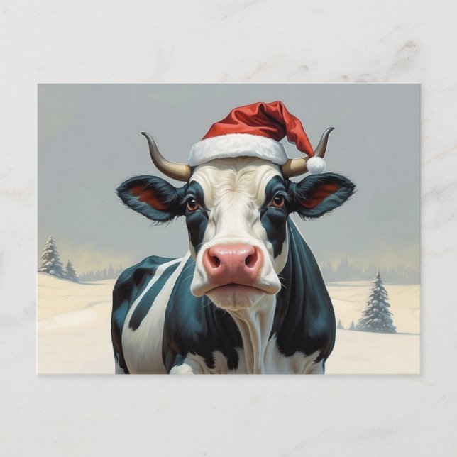 Carte Postale vache de noël en paysage hivernal (Devant)