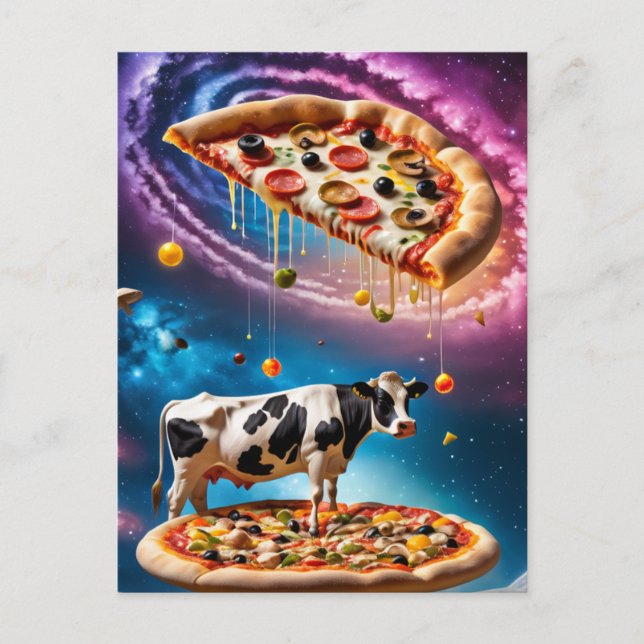 Carte Postale Vache de pizza drôle dans l'espace (Devant)