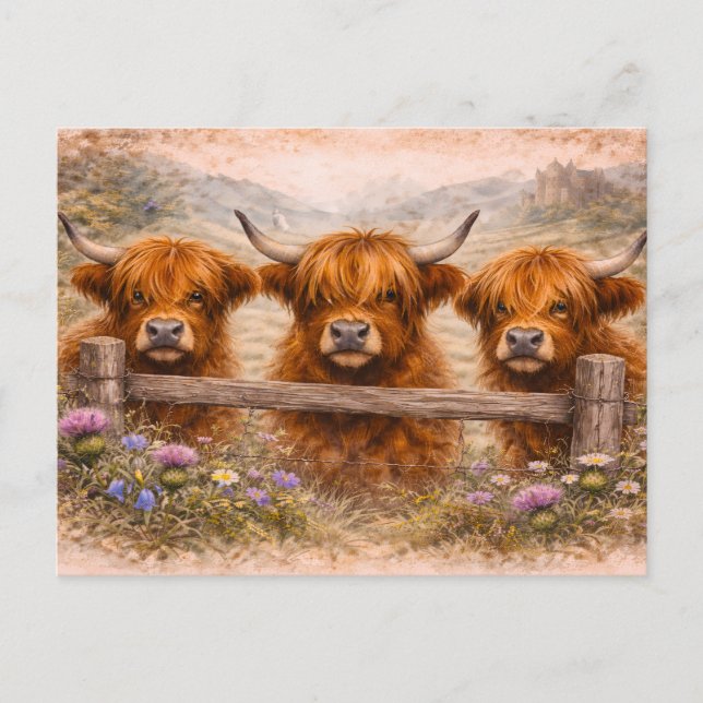 Carte Postale Vache des Highlands - Animaux à l'aquarelle (Devant)