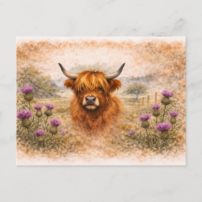 Carte Postale Vache des Highlands - Animaux à l'aquarelle (Devant)
