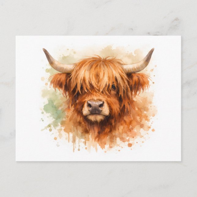 Carte Postale Vache des Highlands - Animaux à l'aquarelle (Devant)