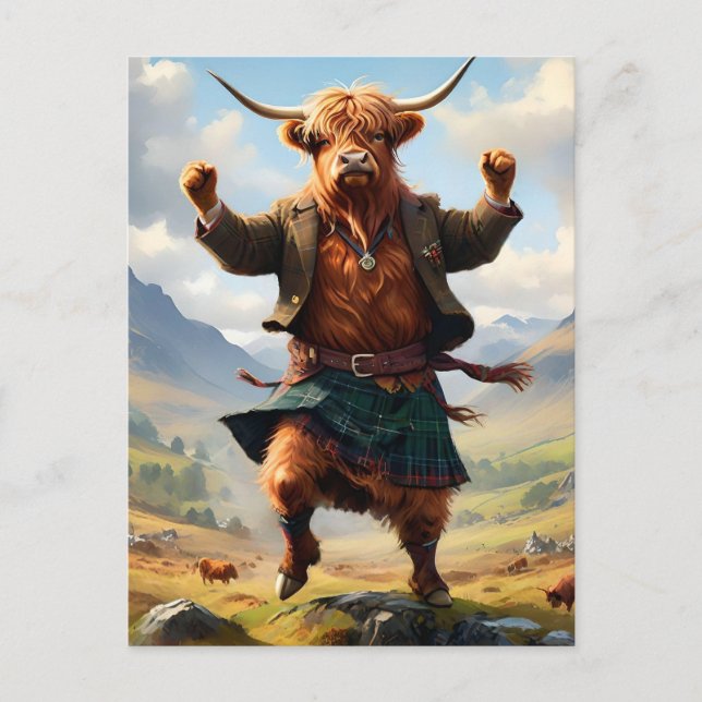 Carte Postale Vache des Highlands dansant le Highland Fling, (Devant)