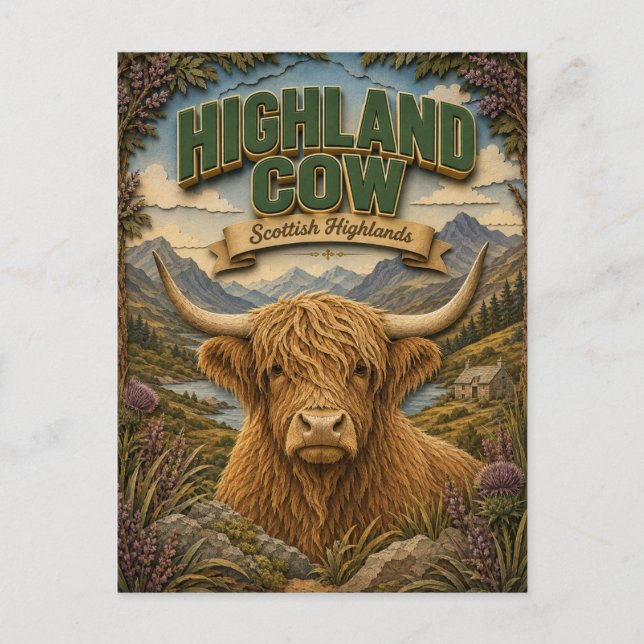 Carte Postale Vache des Highlands Écosse POPCUT (Devant)