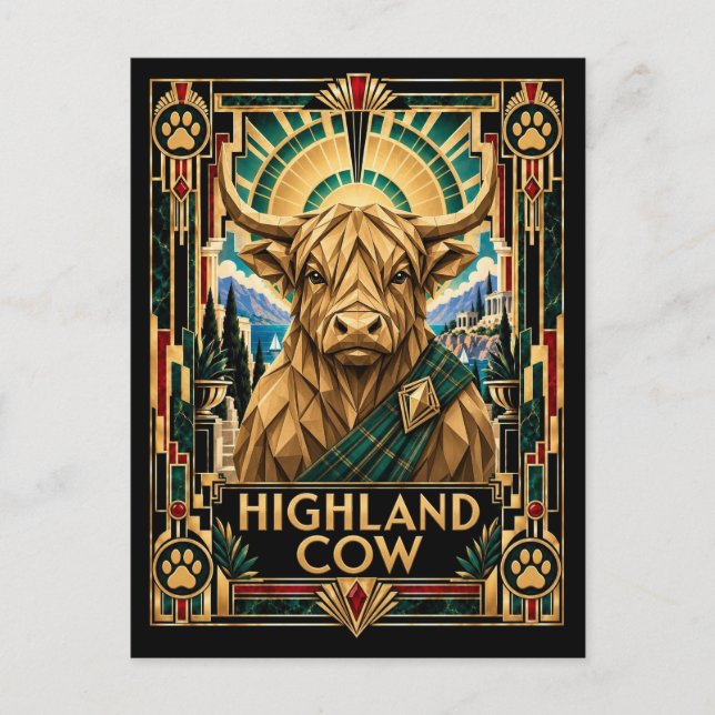 Carte Postale Vache des Highlands, Faune Art Déco (Devant)