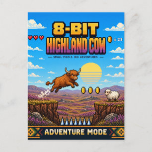 Carte Postale Vache des Highlands, Rétro Pixel Art 8-Bit