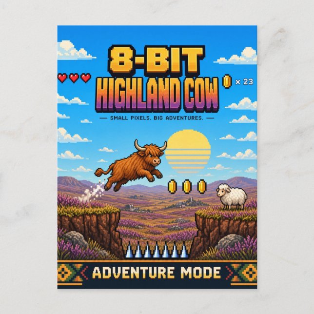 Carte Postale Vache des Highlands, Rétro Pixel Art 8-Bit (Devant)