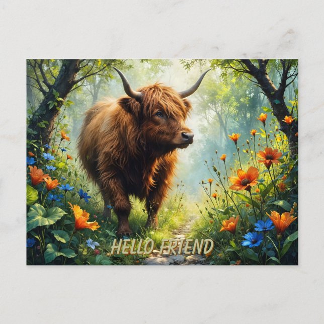 Carte Postale Vache des Highlands sur un puzzle de chemin floral (Devant)