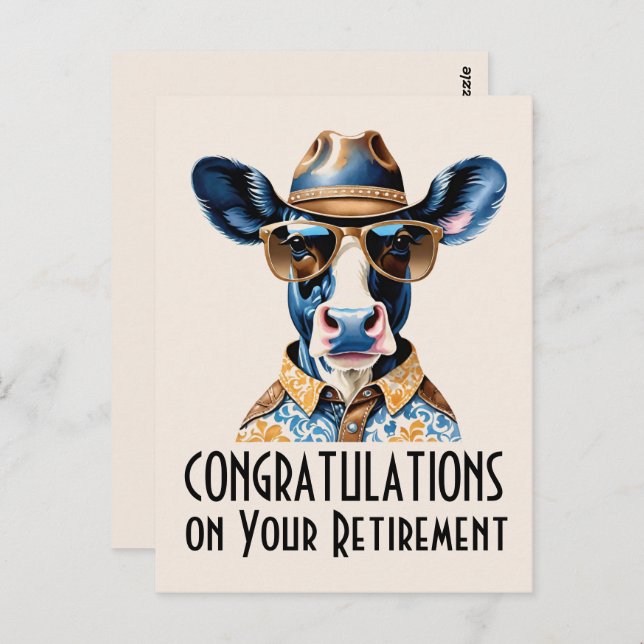Carte Postale Vache drôle cowboy Félicitations pour la retraite (Devant / Derrière)