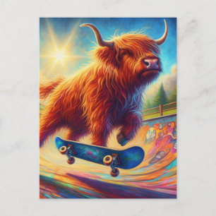 Carte Postale Vache écossaise des Highlands colorée en skateboar