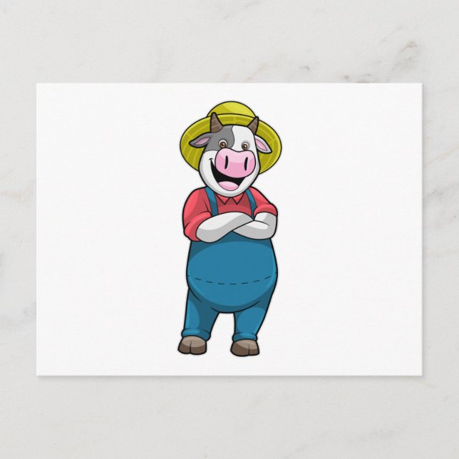 Carte Postale Vache en agriculteur avec chapeau (Devant)